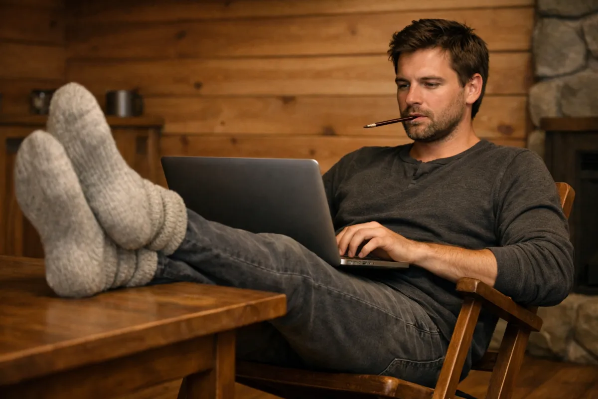 Mies pelaa mysteeripeliä rennosti jalat pöydällä