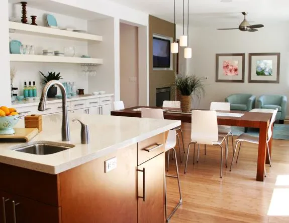 View from modern kitchen into dining room