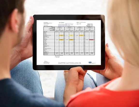 View over the shoulders of a couple viewing a color coded lab report on a tablet computer