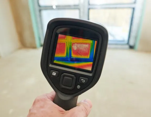 Close up of a hand-held thermal camera showing the screen and looking at the temperature differences around a set of windows