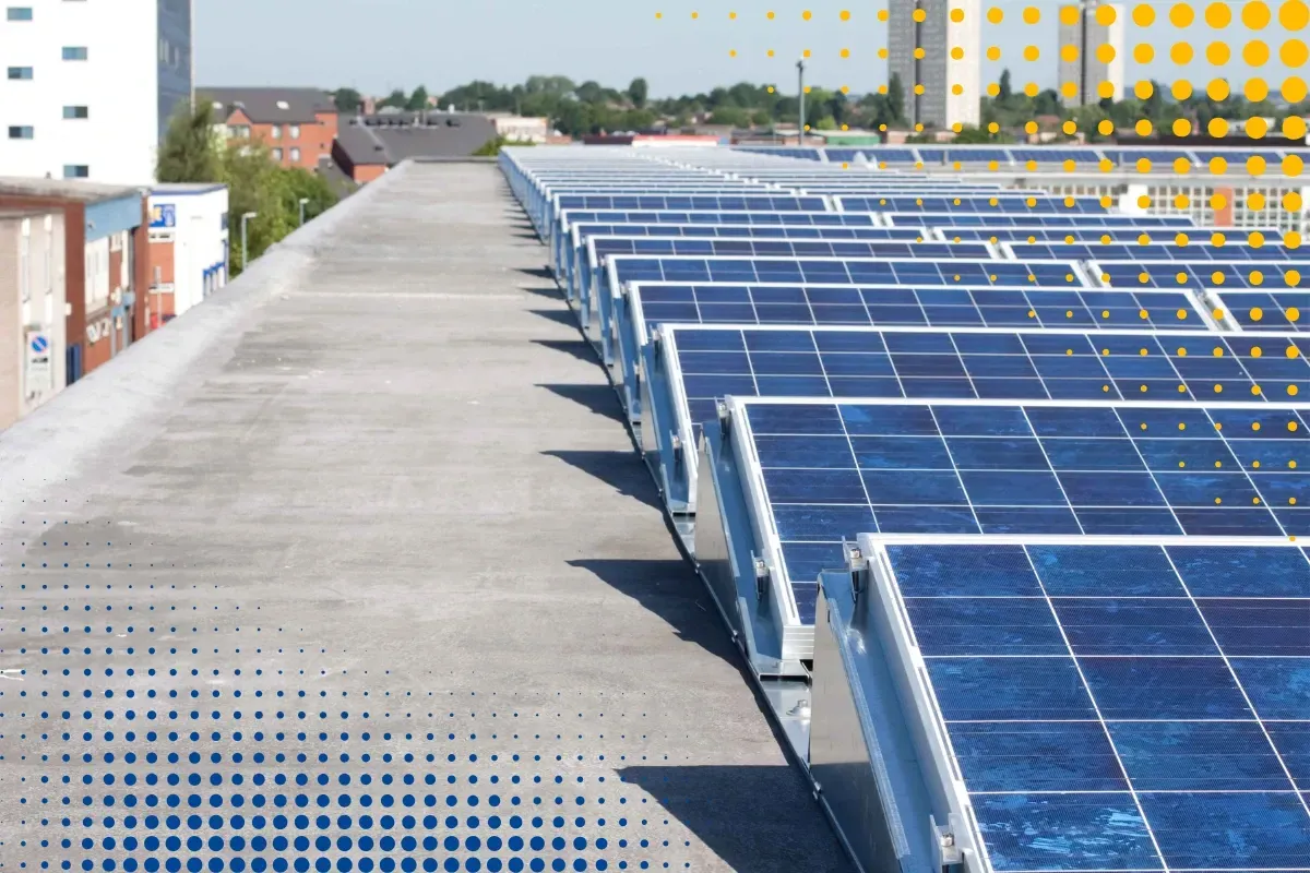 A warehouse with rooftop solar panels