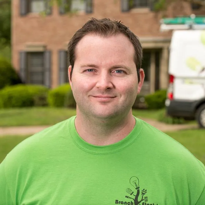 Justin Wood, lead electrician and job site supervisor at Branch Electric in Indiana. Justin Wood is the lead technician and job site supervisor at Branch Electric, known for clean, high-quality electrical work across Central Indiana.