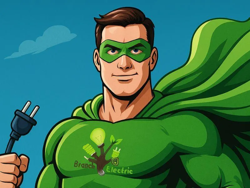 Superhero-themed electrician in green cape with Branch Electric logo, representing 24/7 emergency electrical services in Indianapolis and surrounding areas Branch Electric’s emergency response superhero symbolizes fast, reliable 24/7 electrical services in Indianapolis. Call now for urgent repairs and power restoration.