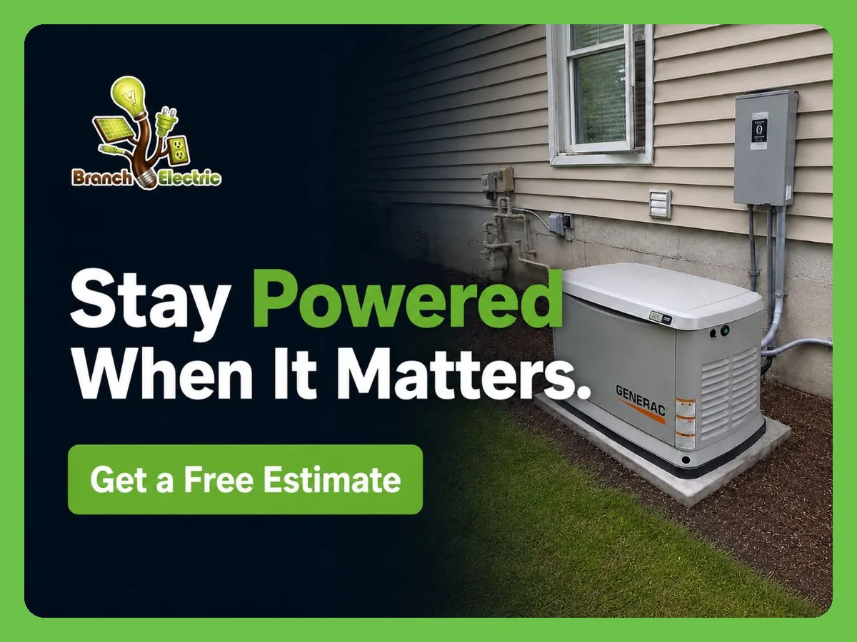 Large standby generator installed outside a commercial building in Indianapolis, providing emergency backup power by Branch Electric. Branch Electric provides professional generator installation and emergency backup power solutions for commercial and residential properties across Indianapolis and Central Indiana.