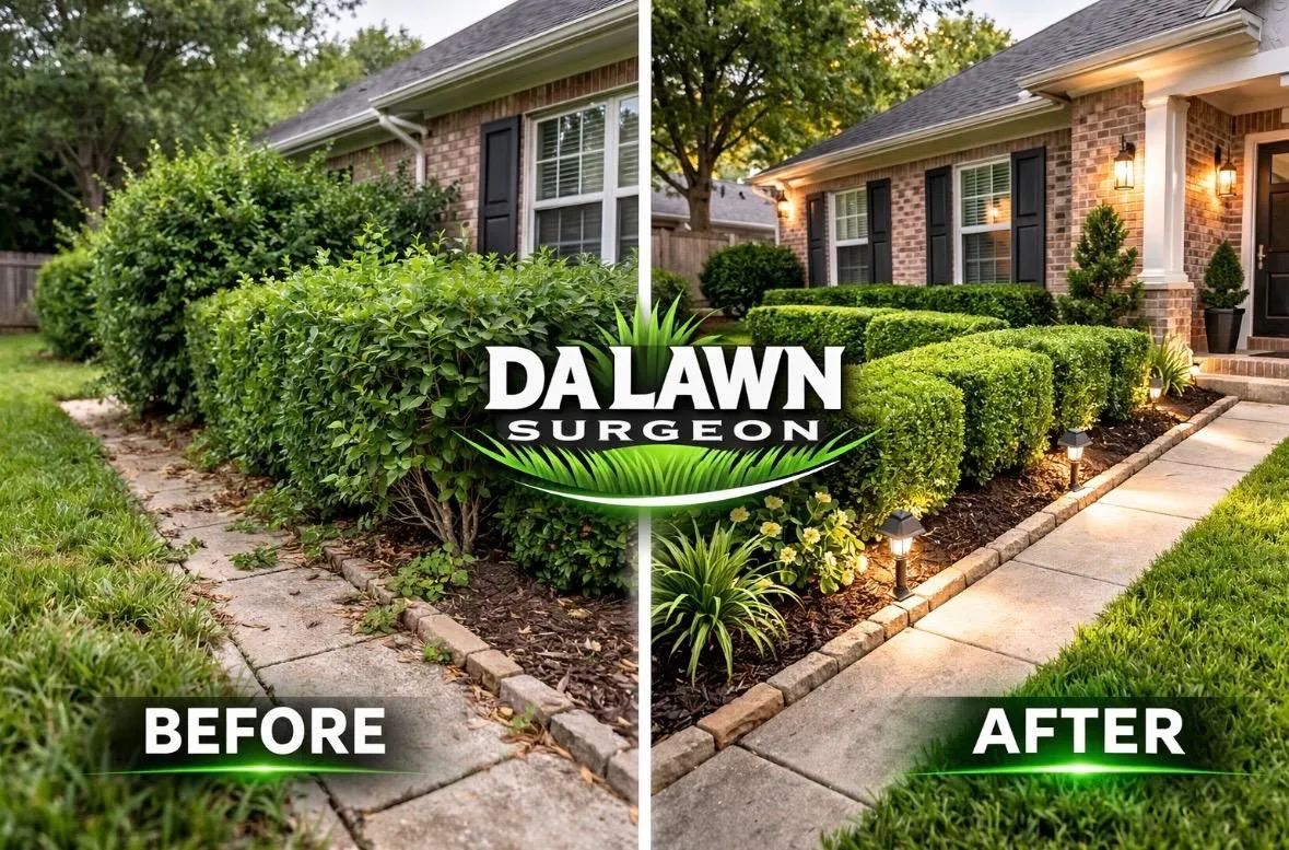 Shrub and hedge trimming services in Birmingham AL before and after hedge cleanup by Da Lawn Surgeon