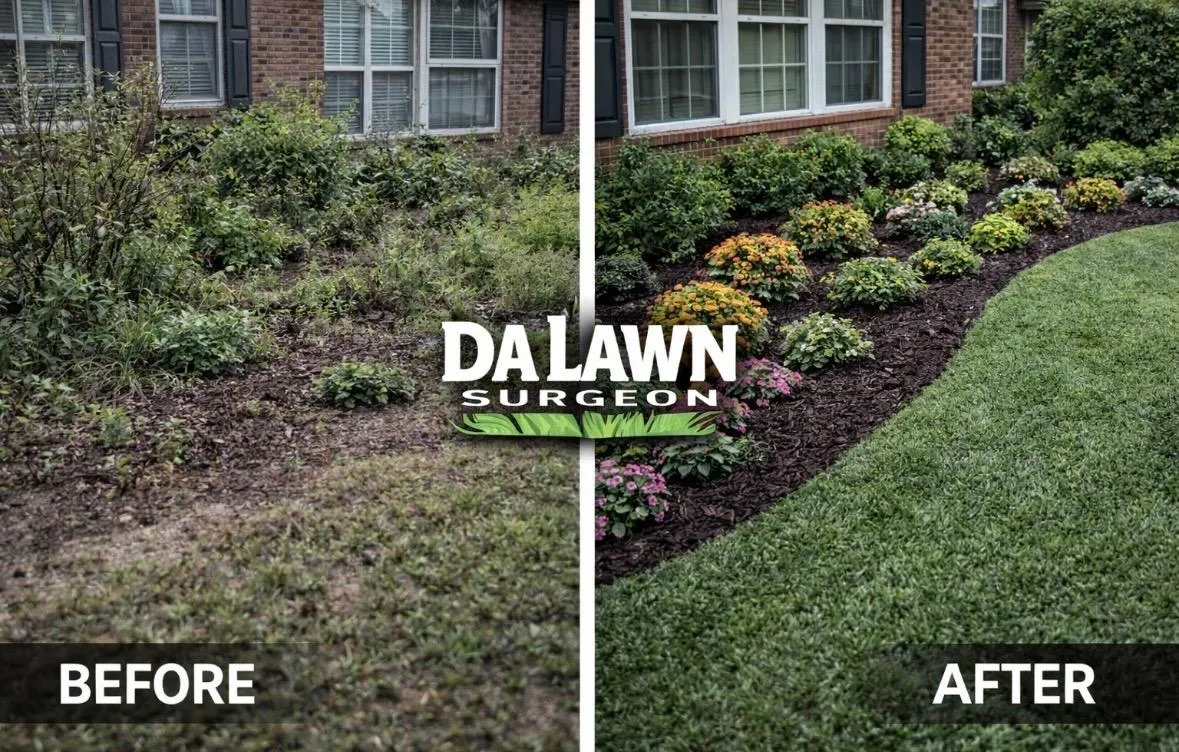 Mulching and planting services in Birmingham AL before and after landscape upgrade by Da Lawn Surgeon
