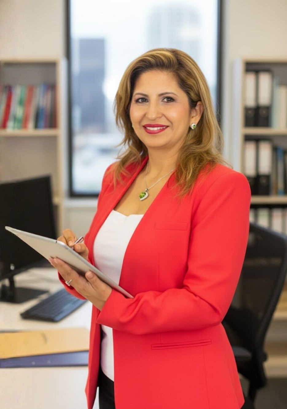 Contadora latina explicando impuestos de negocio a emprendedores en Chicago