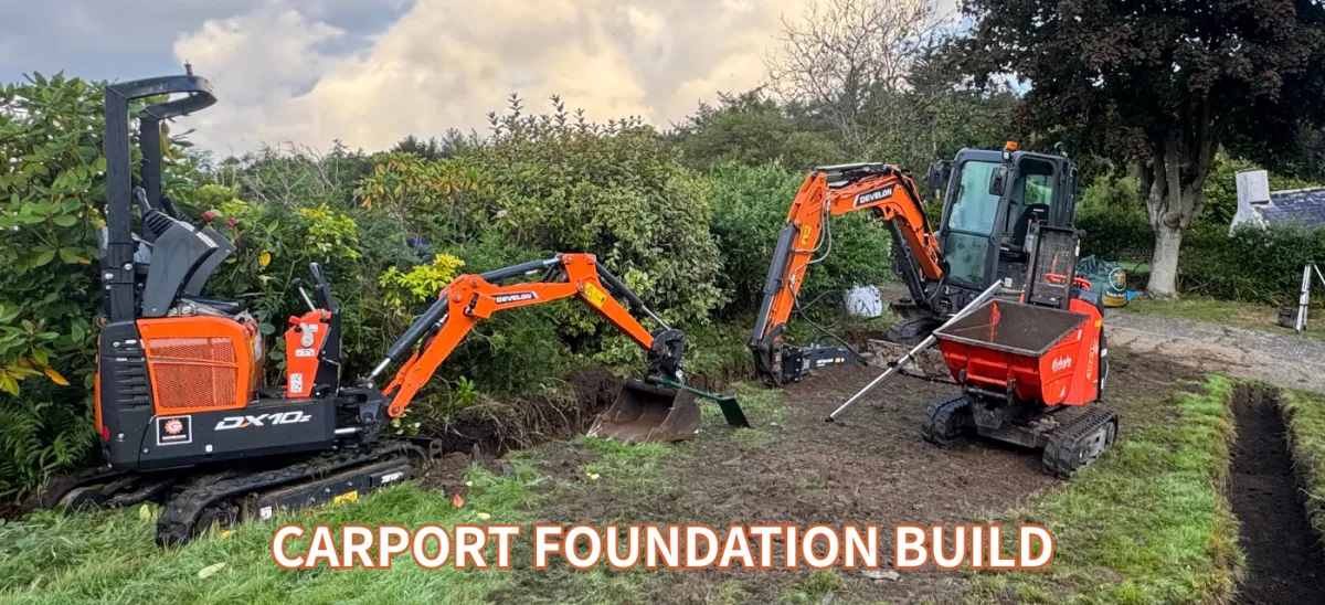 JF Groundworks excavators and tracked dumper carrying out carport foundation preparation in Dumfries and Galloway