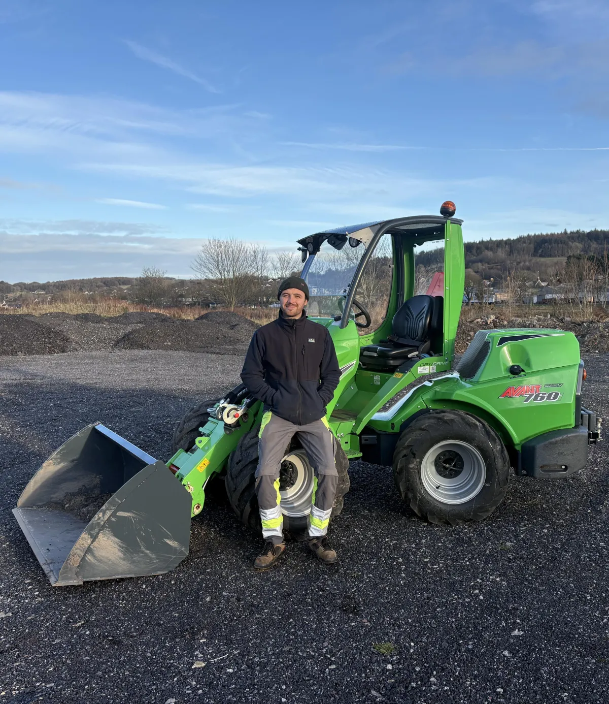 Jack Finlay of JF Groundworks with Avant 760i loader used for groundwork, material handling and site preparation in Dumfries and Galloway.