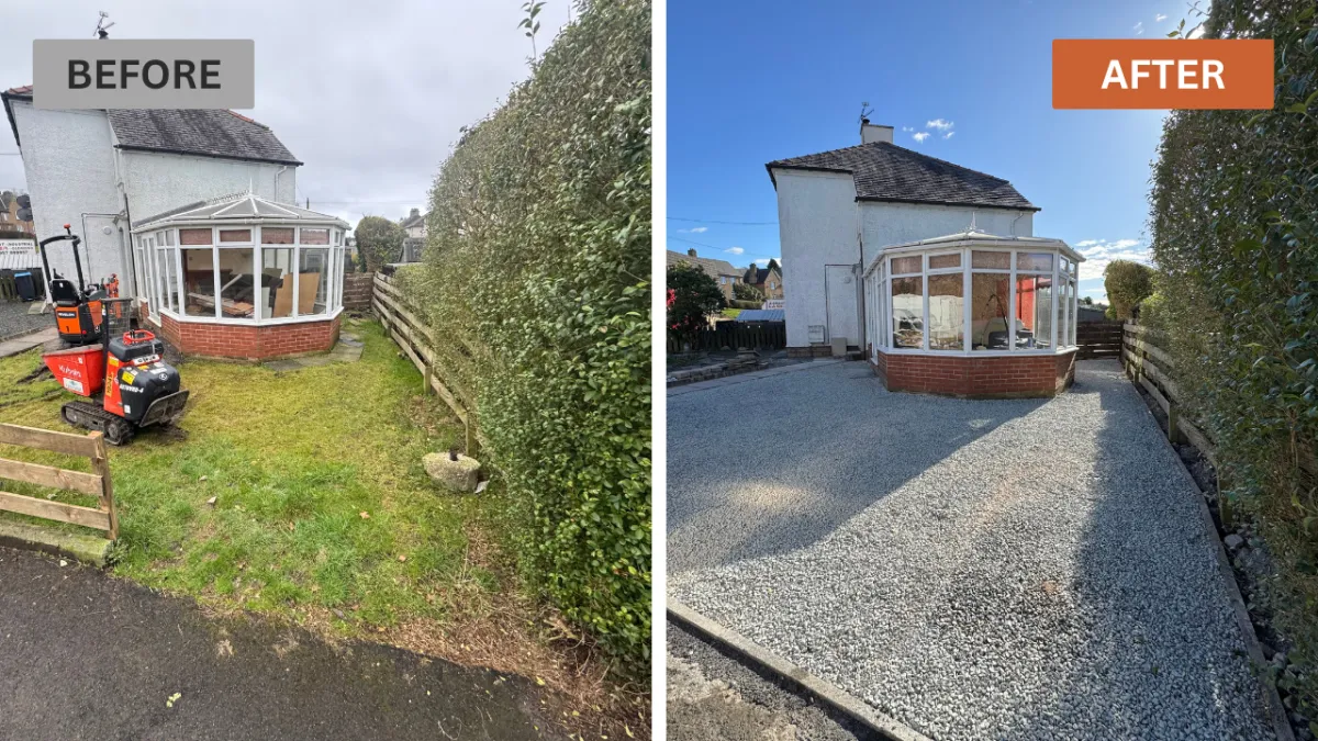 Before and after gravel driveway installation by JF Groundworks, showing a residential outdoor area transformed with a clean gravel finish.