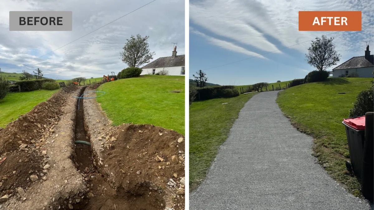 Drainage works before and after by JF Groundworks in Dumfries and Galloway showing excavation, drainage installation and finished surface reinstatement
