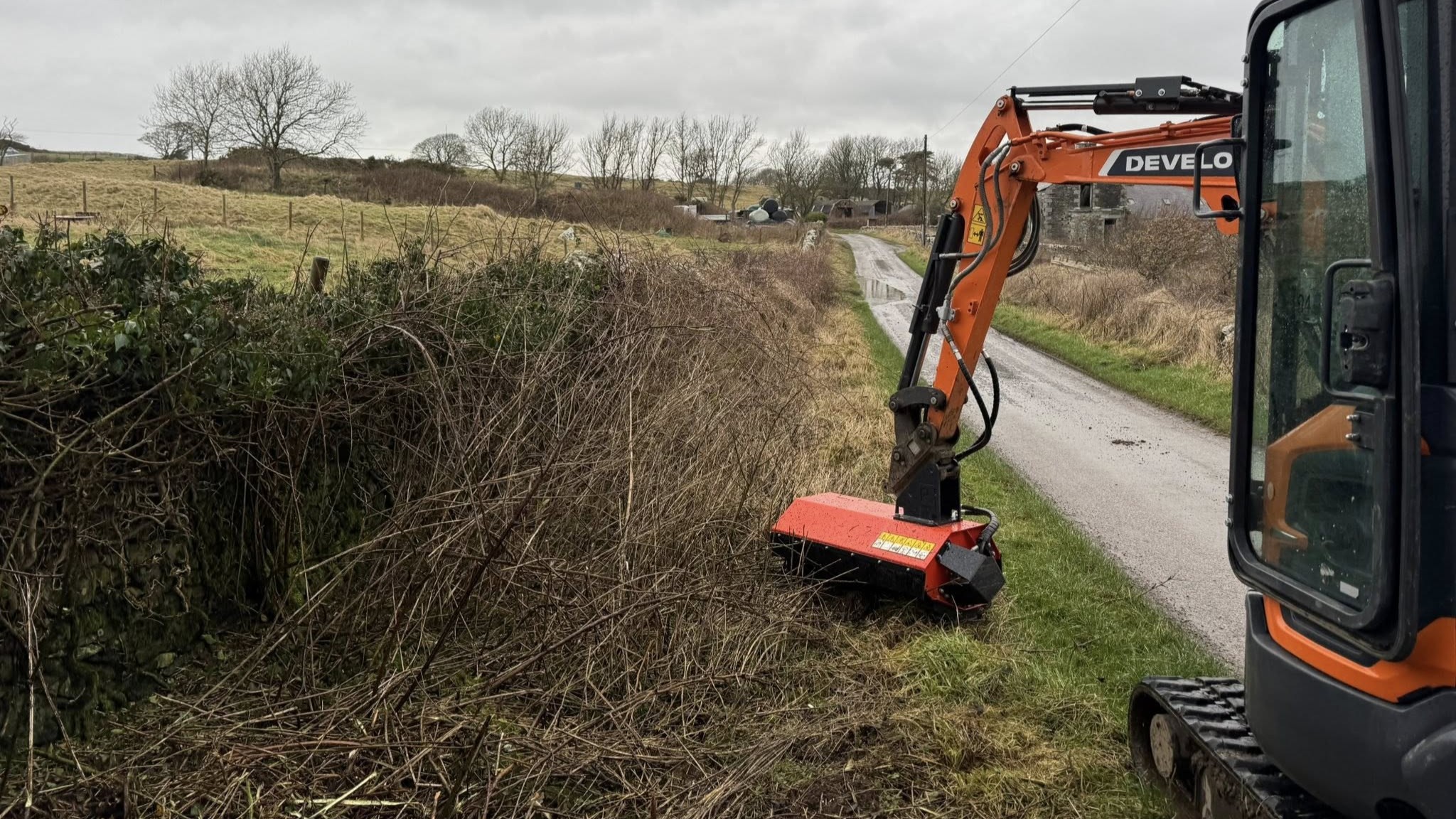 Roadside clearance works by JF Groundworks in Dumfries and Galloway using excavator attachments to clear dense overgrowth and improve access
