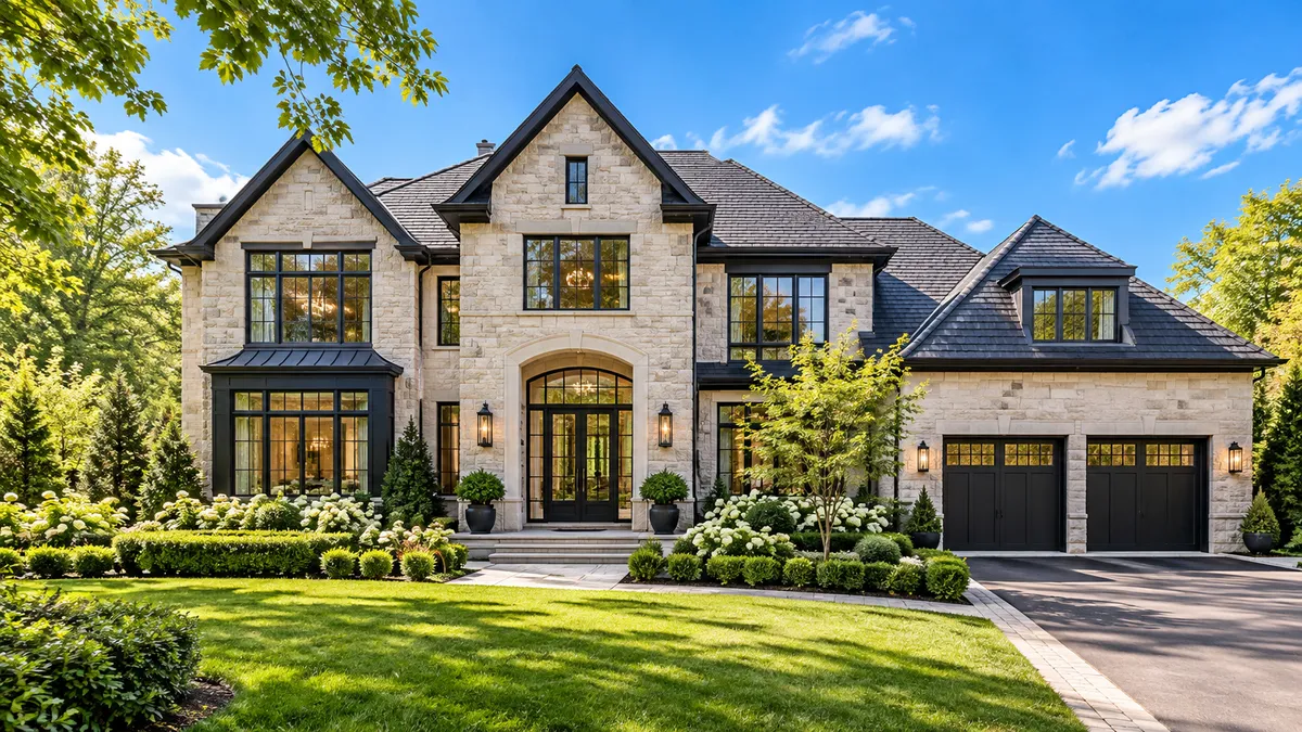 Luxury Ontario residential home exterior with stone architecture and landscaped front yard