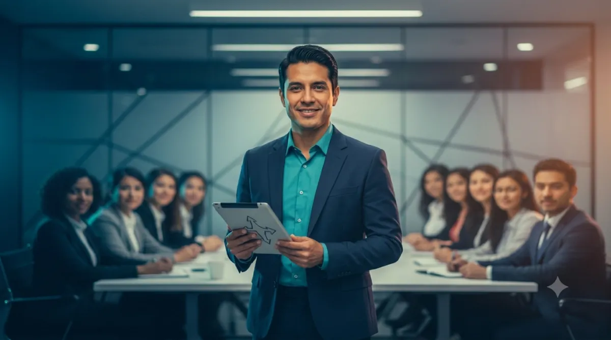 Instructor profesional impartiendo un curso de capacitación frente a un grupo
