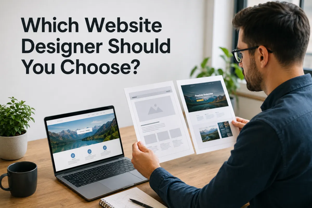 Business professional and website designer reviewing designs in office