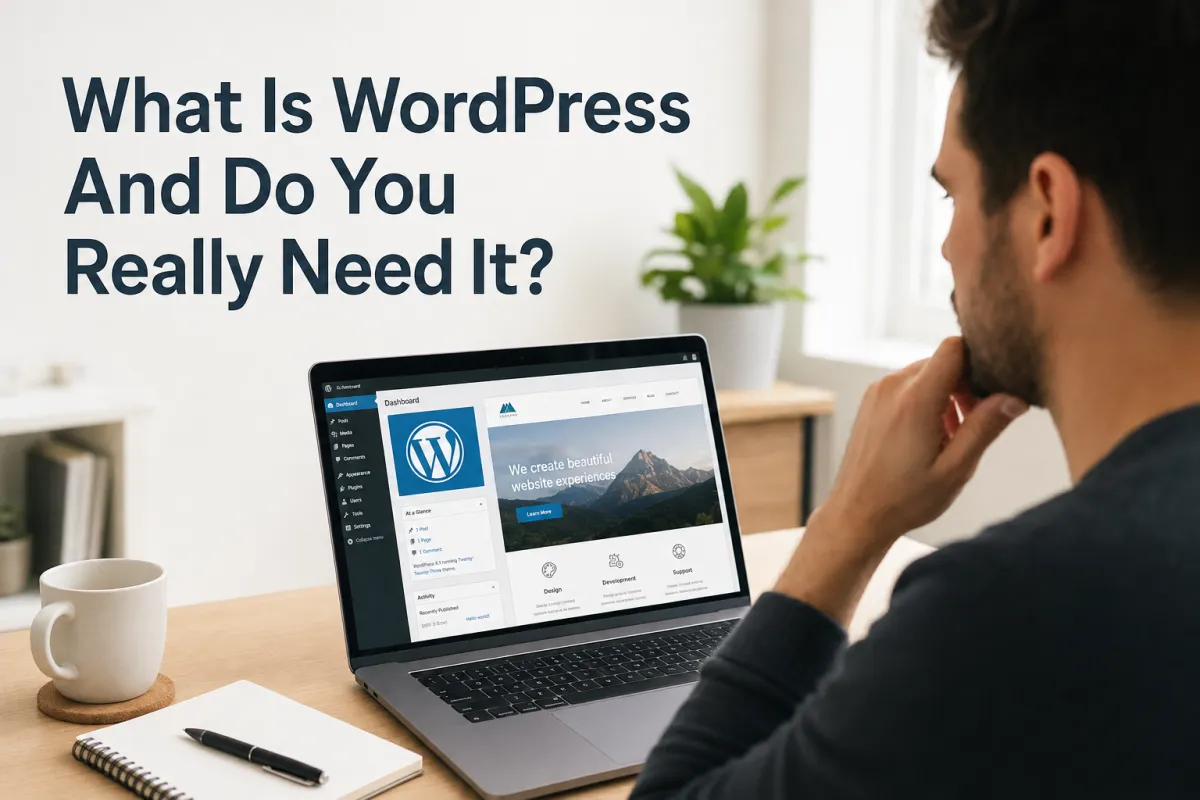 Professional workspace with laptop displaying WordPress dashboard