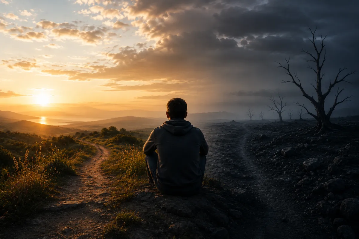 A veteran sits at a crossroads between a golden sunset on their left, and a barren wasteland on their right. (ChatGPT 5.5)