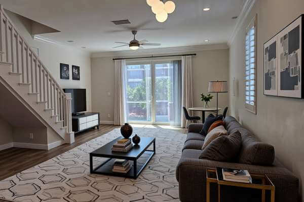 Young couple receiving house keys in front of a new home, sunny Florida background