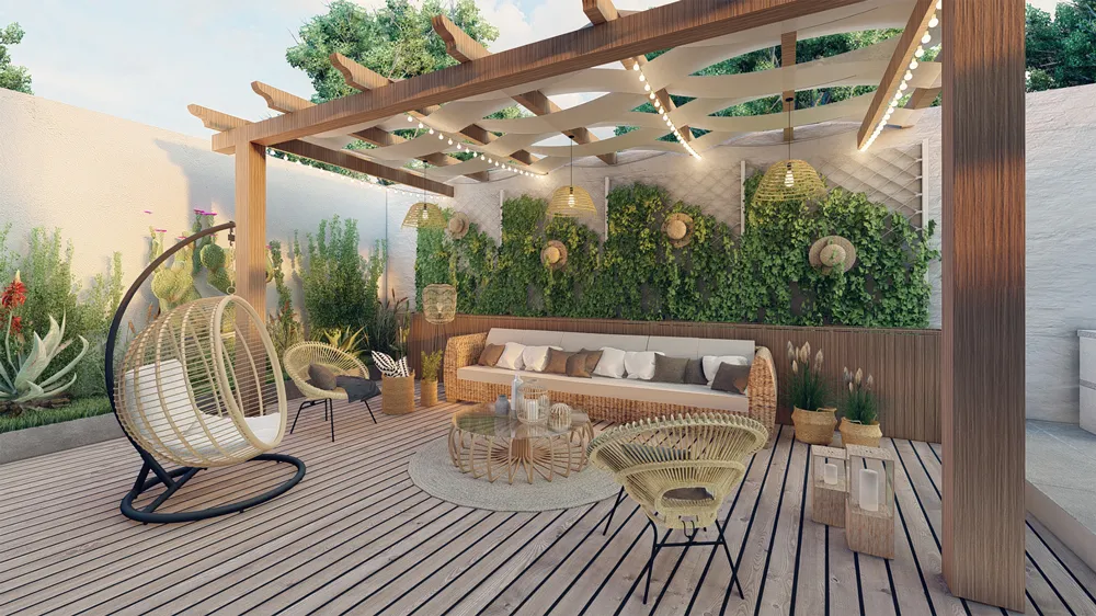 Stylish Arizona backyard patio with neutral-toned sectional