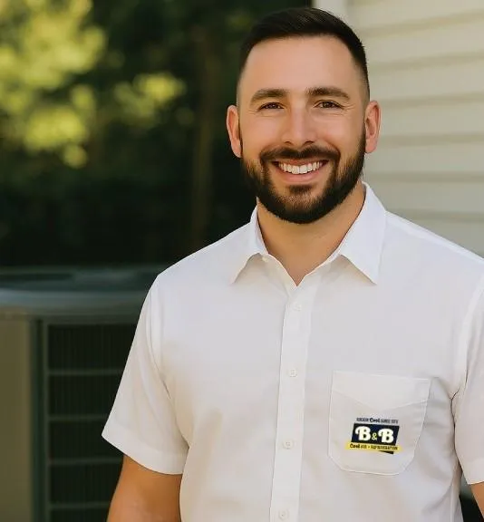 B&B Cool Air technician performing professional AC maintenance service on an outdoor air conditioning unit at a Southwest Florida home