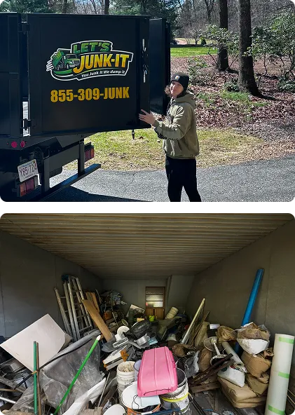 Let's Junk-It crew member next to branded junk removal truck loaded with household debris