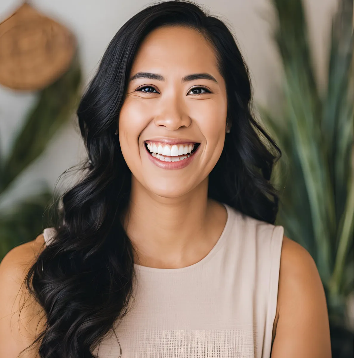 woman smiling in front of a plant