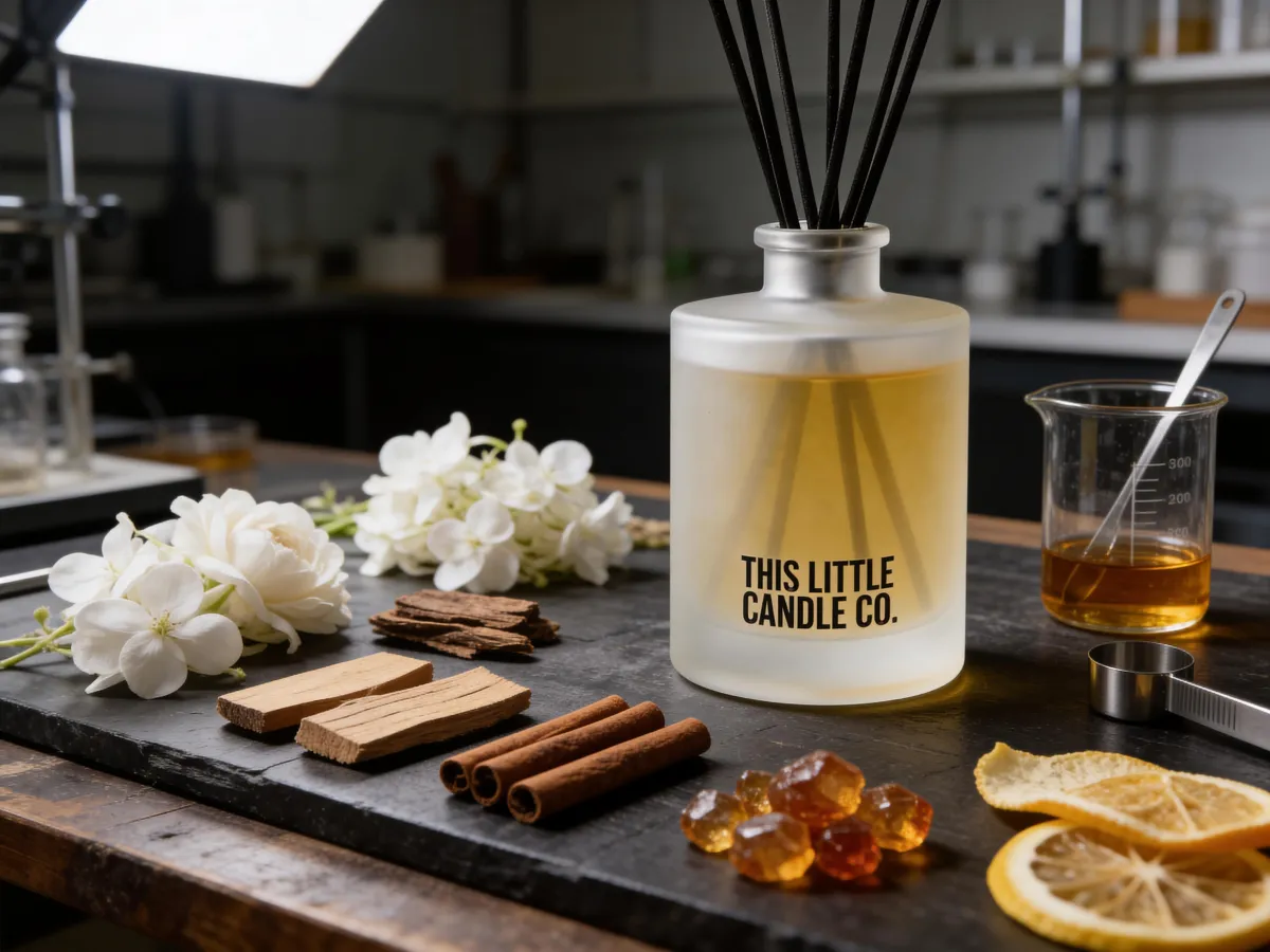 Minimal lab-style fragrance workspace with bottles and droppers