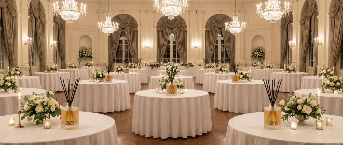 Elegant diffuser at a wedding reception table with guests softly blurred in the background.