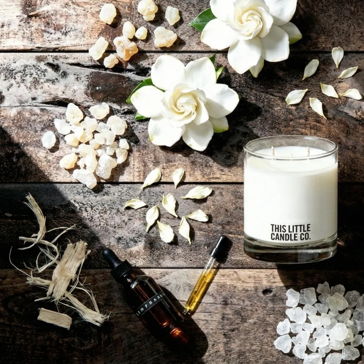 Elegant flat lay of fragrance ingredients in a neutral studio setting