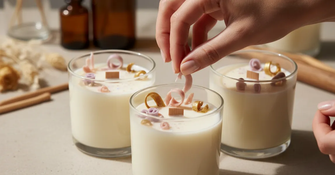 Close-up of hands decorating candles with wax toppings and letters