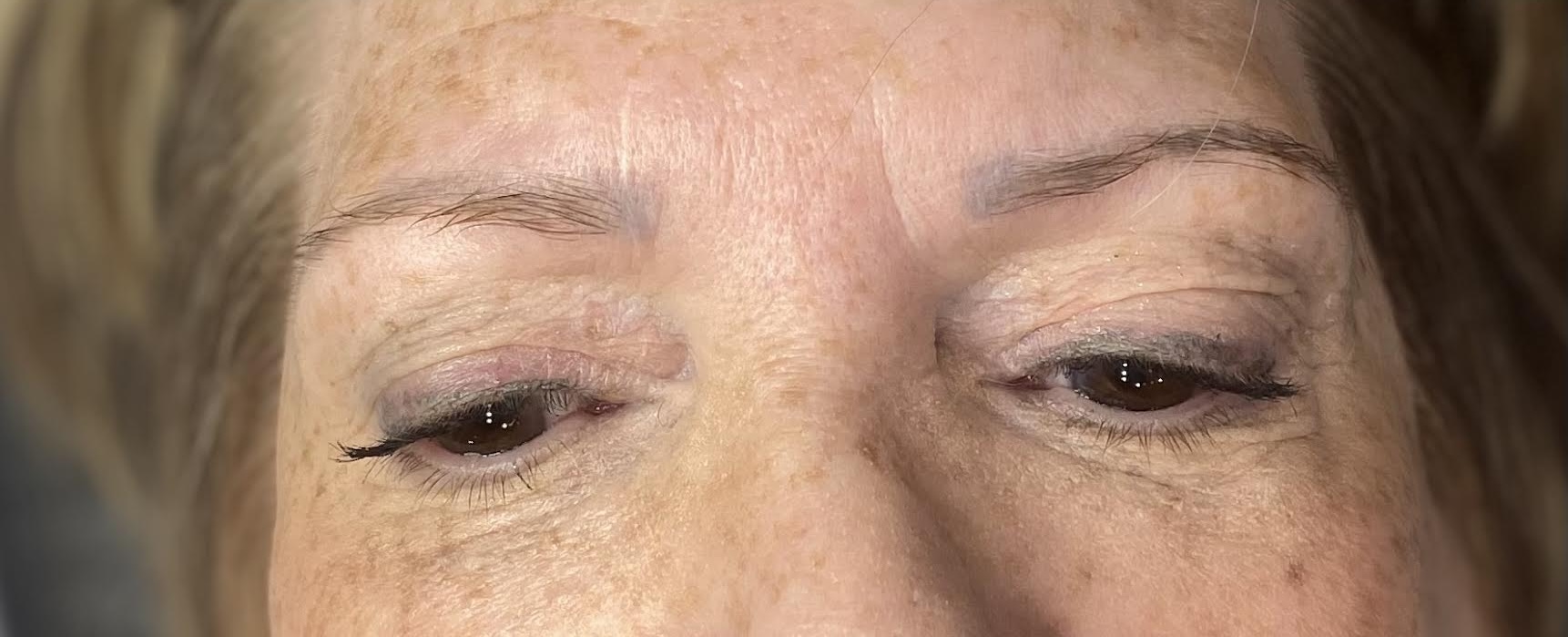 Before tantric tattoo permanent makeup treatment showing natural brows and lash line.