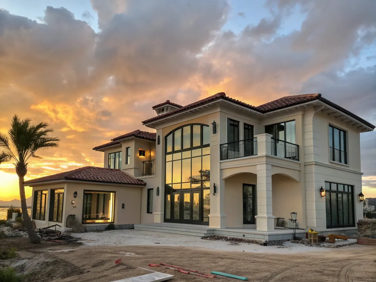 A large, two-story modern house under construction during sunset with a beautiful sky of golden and blue hues. The house is spacious and luxurious, featuring cream-colored stucco walls and large glass windows reflecting the sunset glow. 