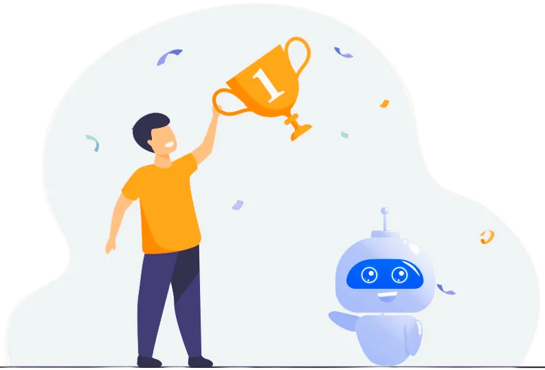 Illustration of happy entrepreneur after achieving his goals with AI assistant help.