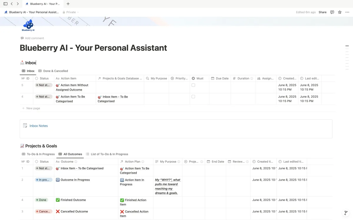 A image showing the Blueberry AI Notion command centre on a desktop version