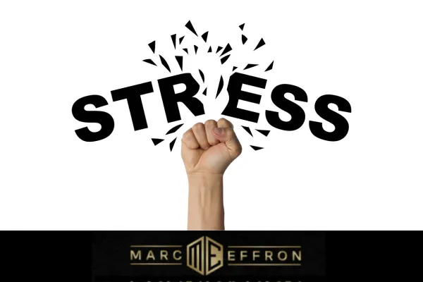 A hand punching the word STRESS into two pieces with the Marc Effron logo across the bottom.