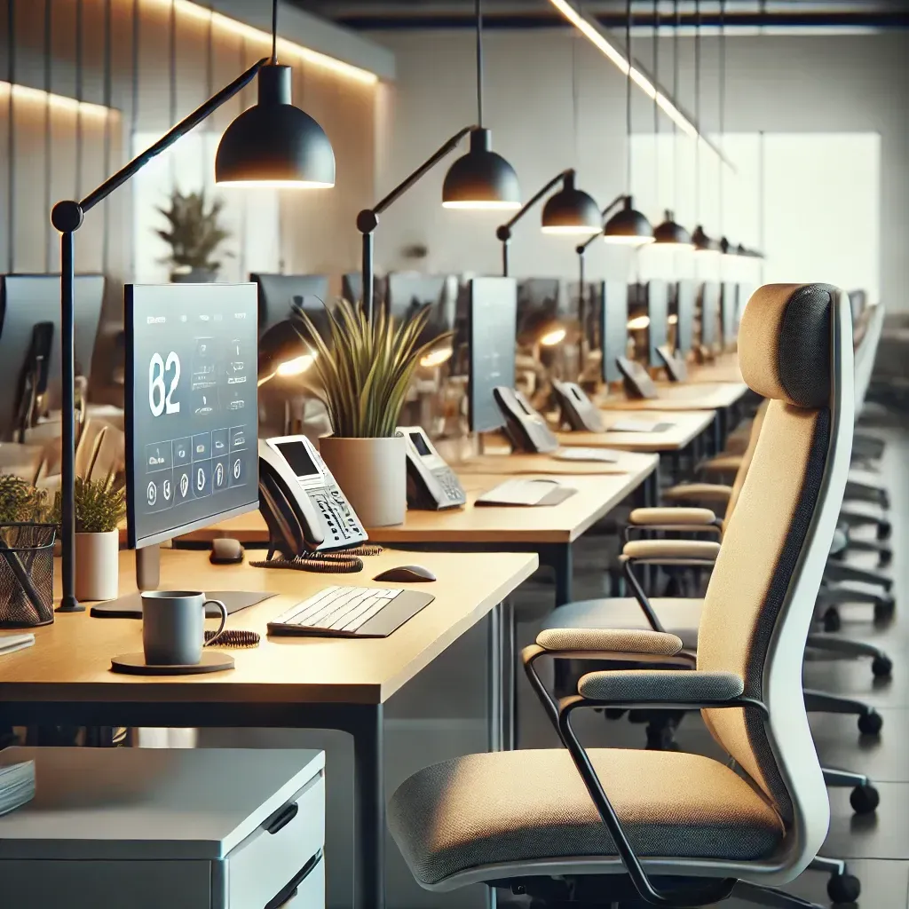 Interior luminoso de oficina moderna con área de reunión, representando los espacios de NovaOffice.