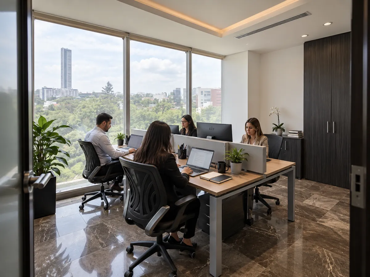 Espacio corporativo de trabajo en equipo con mobiliario ejecutivo de alta calidad