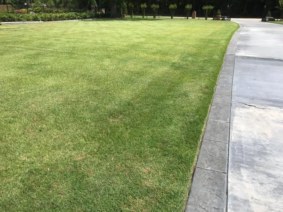 Freshly mowed and striped lawn beside a stamped concrete driveway in Tyler TX
