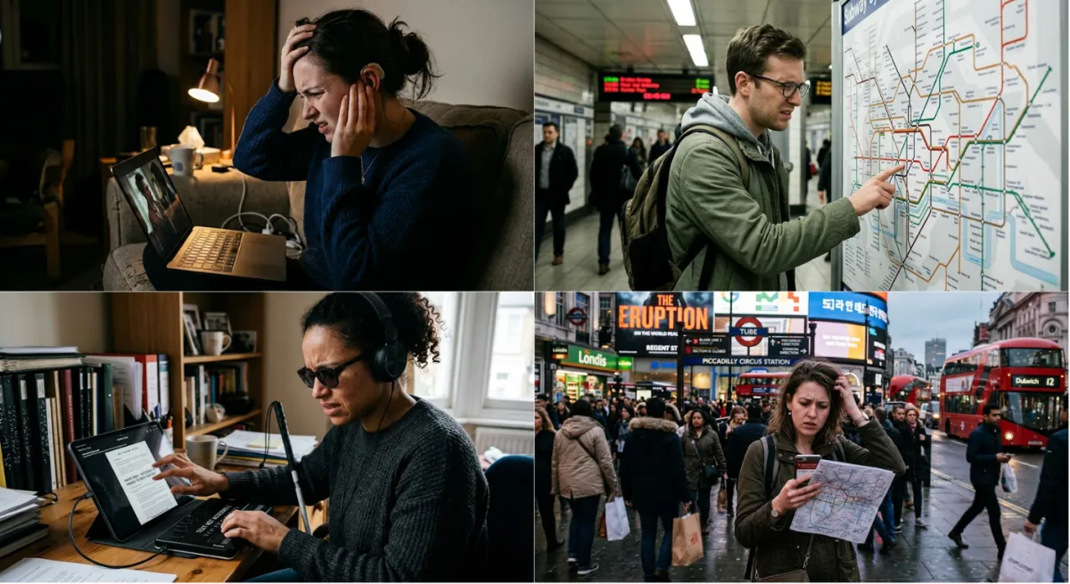 Collage of people using digital devices in different situations, illustrating how accessibility affects a wide range of users.