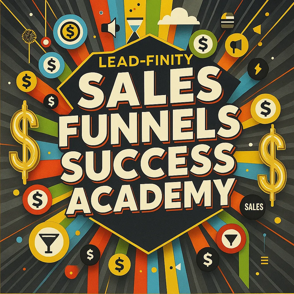 Image Representing And Presenting The Sales Funnels Success Academy! This Image Says Sales Funnels Success Academy Really Big And It Also Has The Name Of Our Software Lead-Finity In It. The Image Represents Sales Funnels And Sales And Money And Growth!