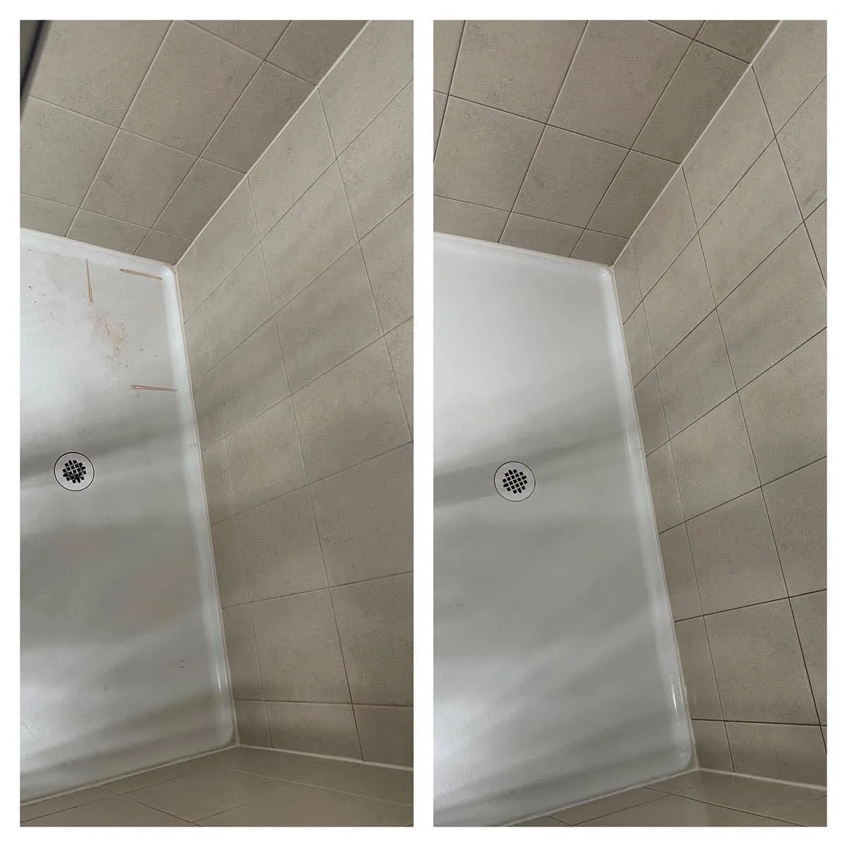 Before and After of Bathroom Shower Area. Illustrating the cleaning services performed by Grace's Cleaning Services.