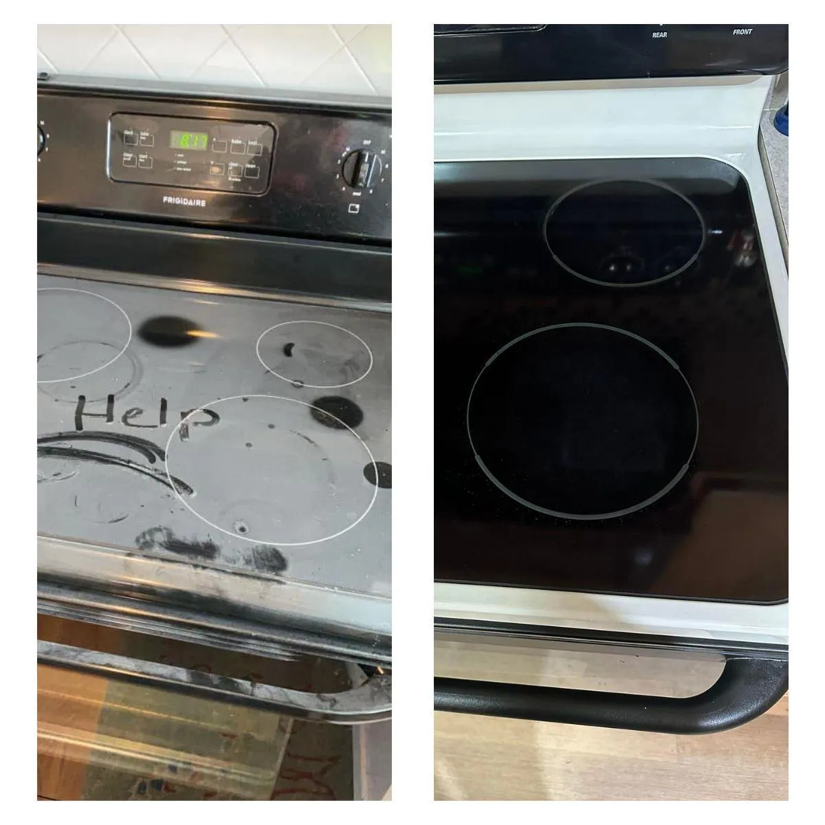 Before and After picture showing a stove counter top. On one side the stove counter top is very messy and dusty and on the other very clean. Showcasing Grace's Cleaning Services on stove counter tops. 