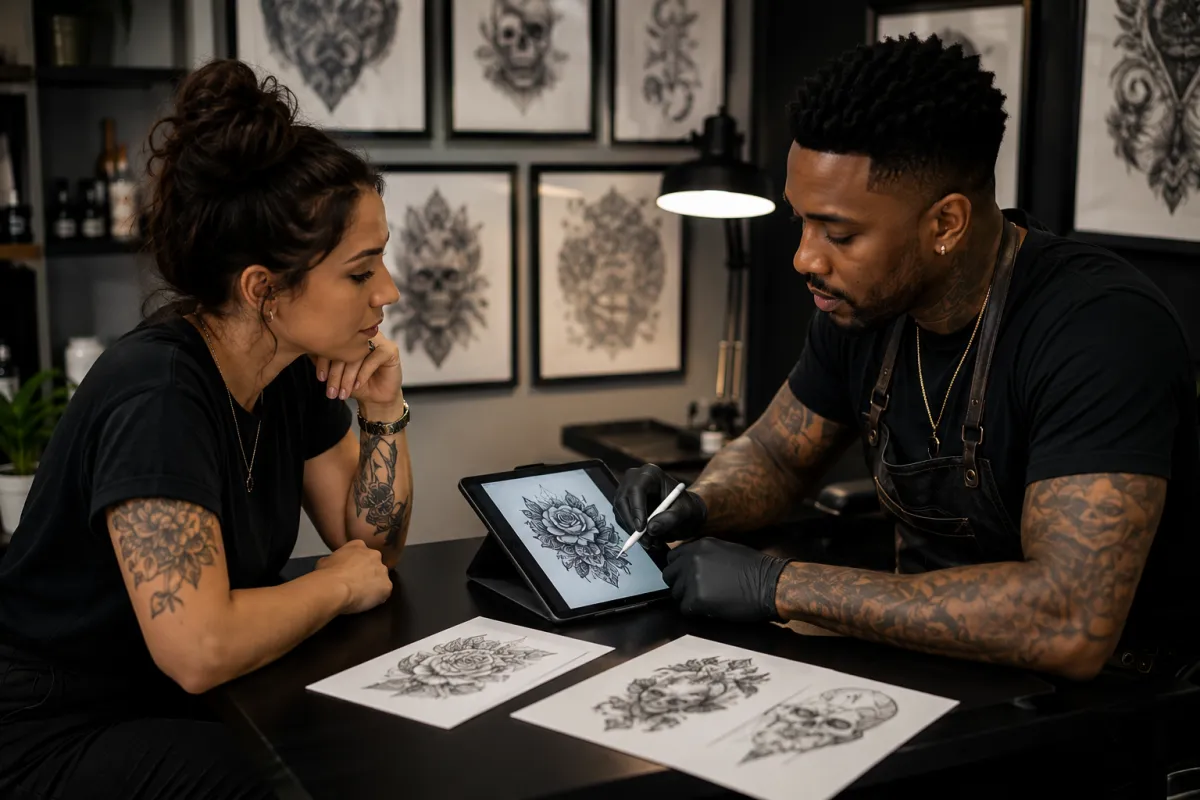 Person holding open book with tattoo machine illustrations.