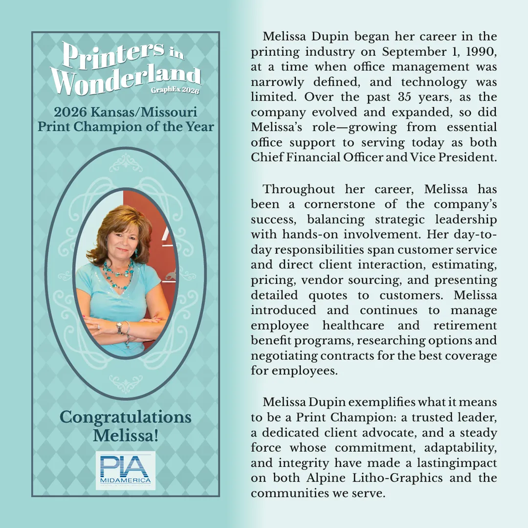 Melissa Dupin standing confidently in a modern print facility