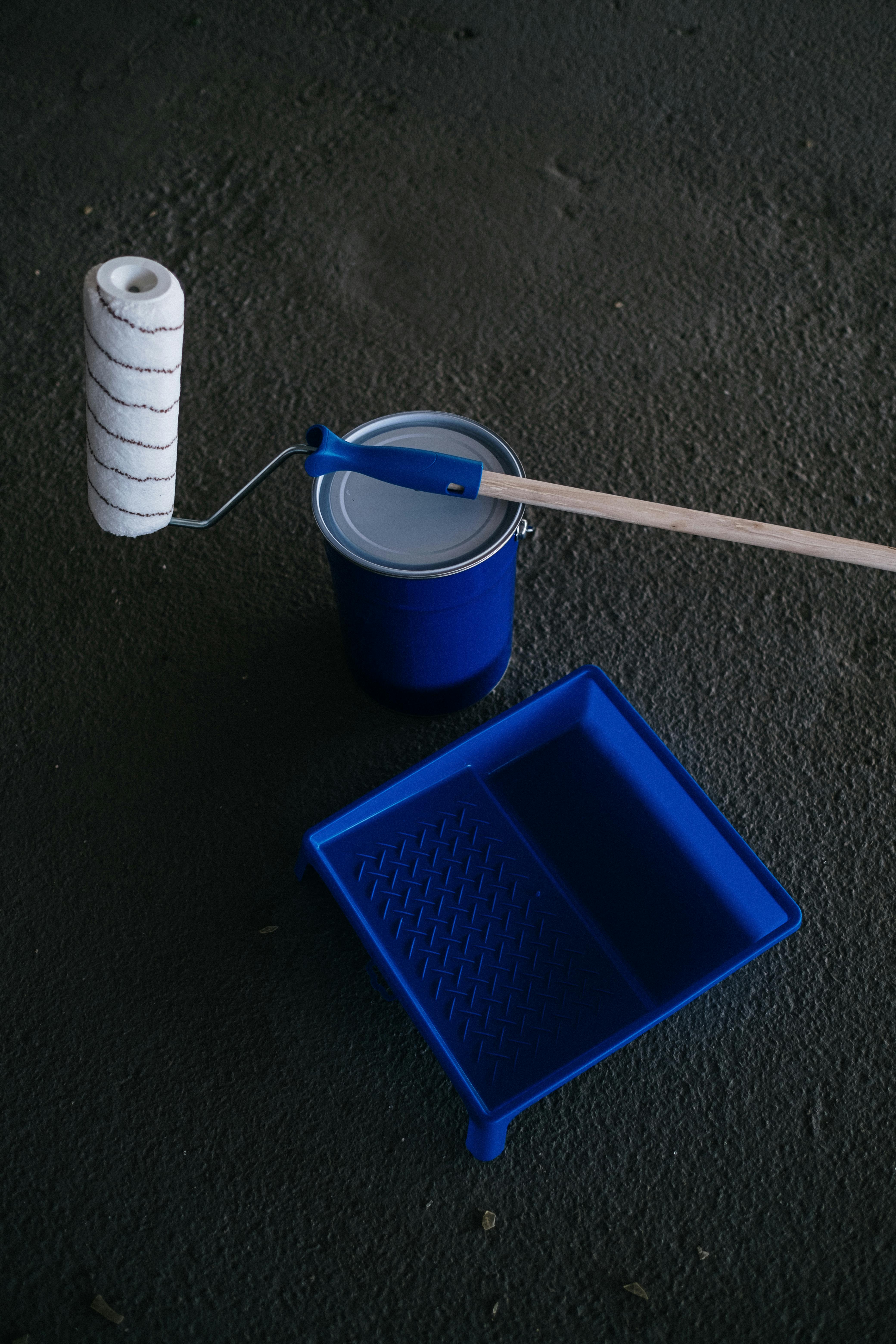 paint roller with blue paint container for painting and mixing