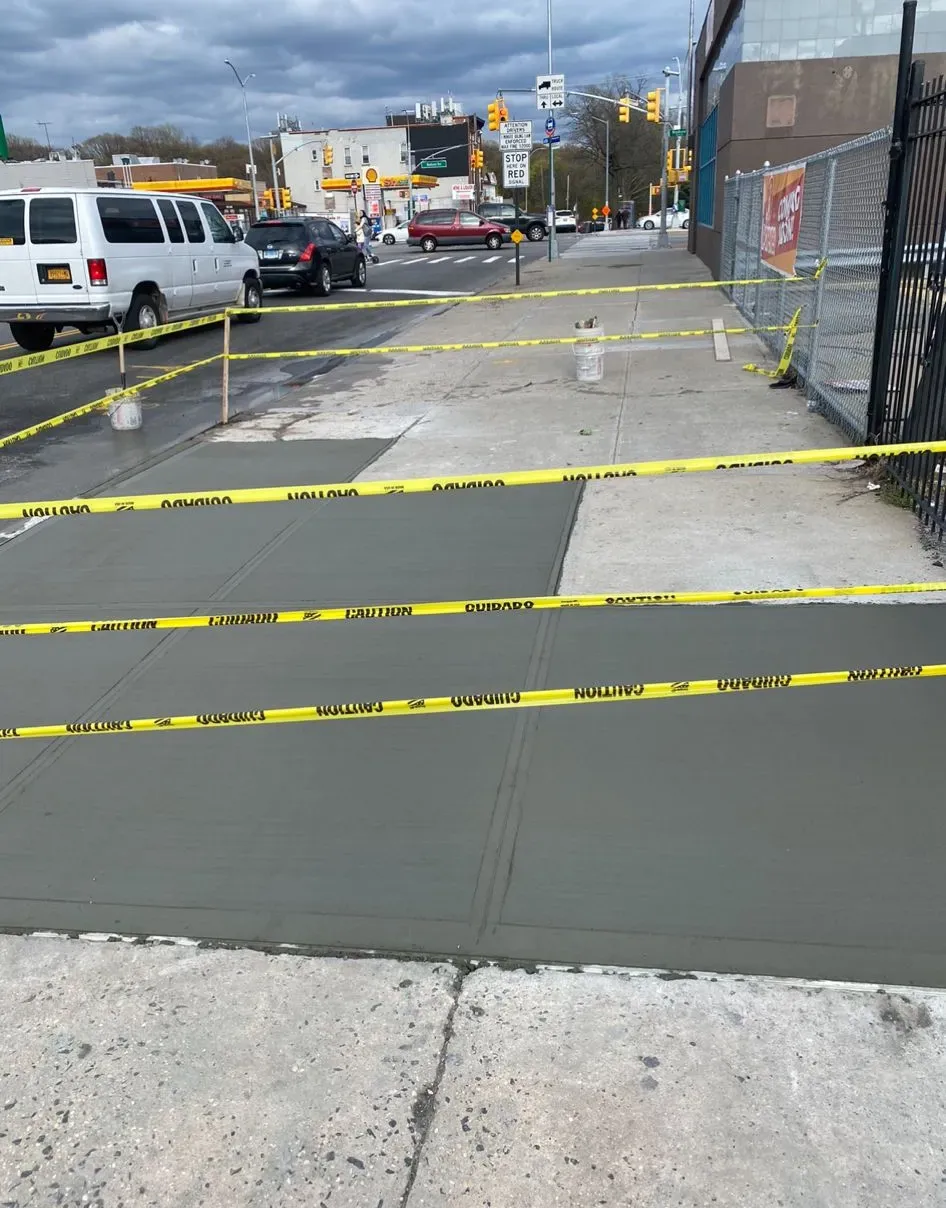 Freshly paved urban sidewalk marked with caution tape, related to public works and street safety in Queens, New York