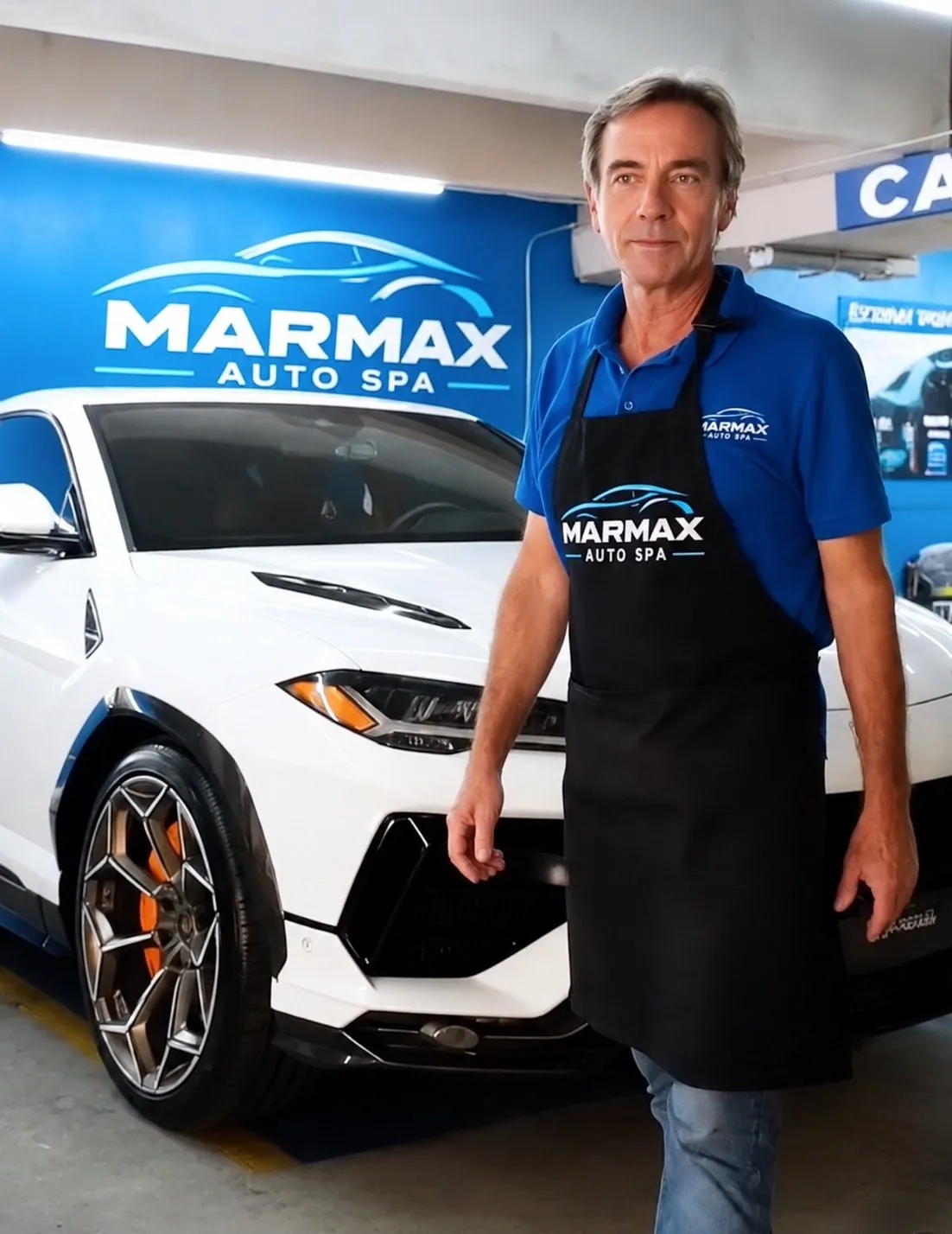 Martin, MarMax Auto Spa detailer, in a MarMax apron in front of the MarMax sign in the Aventura bay