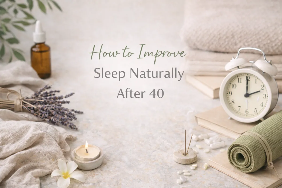 Calm evening wellness scene with alarm clock, lavender, candle, yoga mat and books representing natural habits that support better sleep after 40.