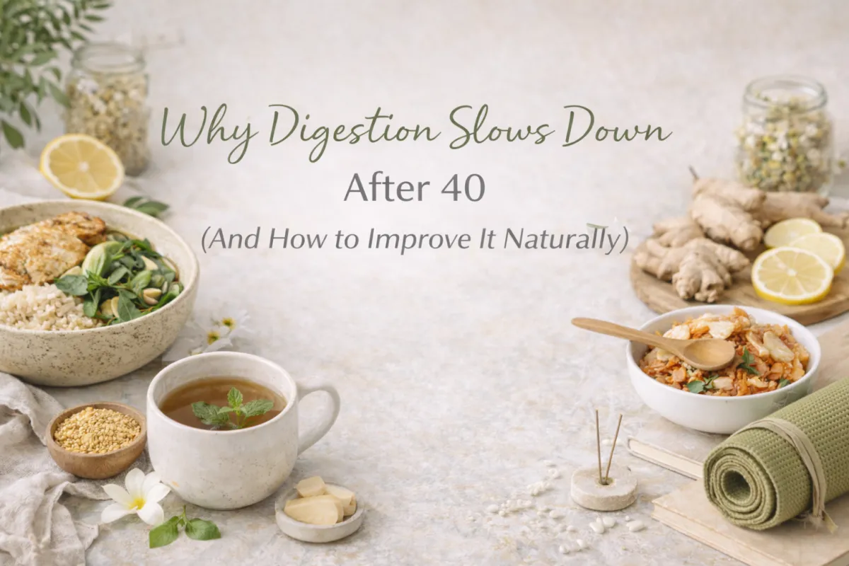 Healthy digestion foods including herbal tea, ginger, lemon, whole grains and nourishing bowls arranged in a wellness flat lay representing natural digestion support after 40.