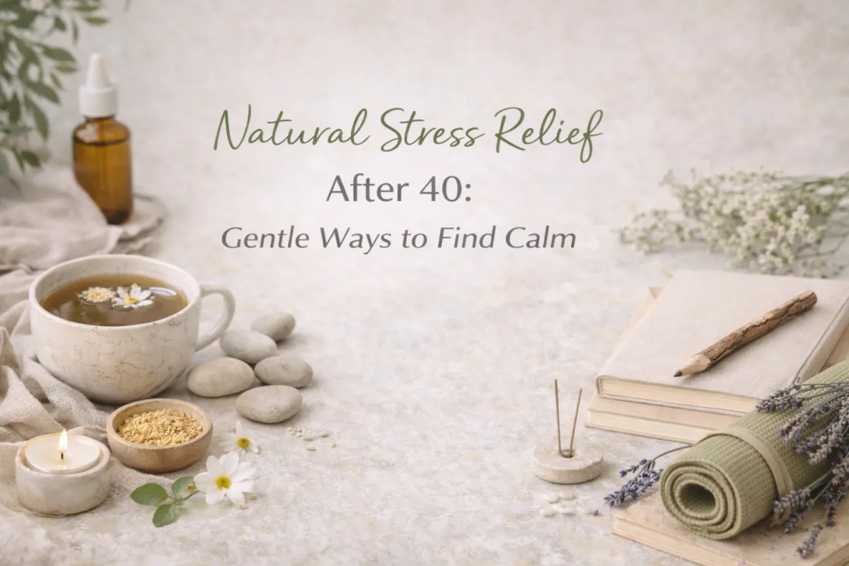 Mineral-rich foods including leafy greens, nuts, seeds and herbal tea arranged in a calm wellness flat lay representing natural energy and hormone balance after 40.